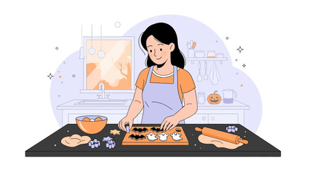 Woman baking cookies with focus and precision in her kitchen.