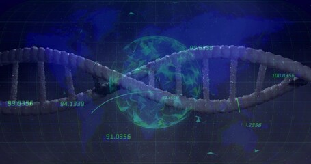 Displaying 3D DNA double helix spanning dashboard with globe network, silhouette grid and numbers