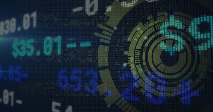 Displaying circular data visualization HUD element on computer display, with glowing numeric values