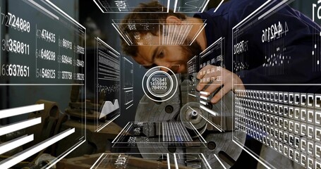 Leaning technician in work shirt examining metal component with probe in workshop with AR overlays