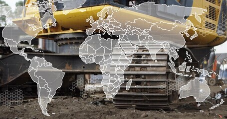 Showing yellow excavator tracks on muddy worksite, with rubble, scrap metal and world map overlay