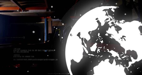 Rotating stylized globe graphic hovering in data center with streaming code, racks, data particles