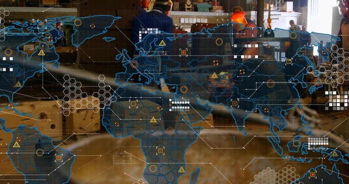 Collaborating technicians in safety gear examining holographic overlay at plant bench, copy space - Powered by Adobe