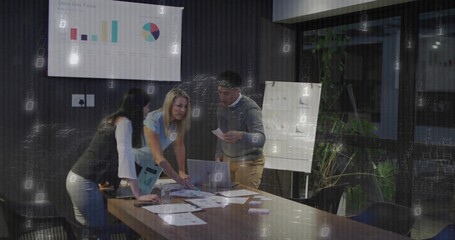 Pointing team analyzing charts in conference room, with laptop, sticky notes and binary overlay