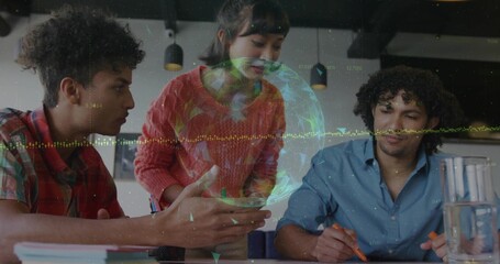 Collaborating project team showing smartphone screen in office meeting room, with data overlay