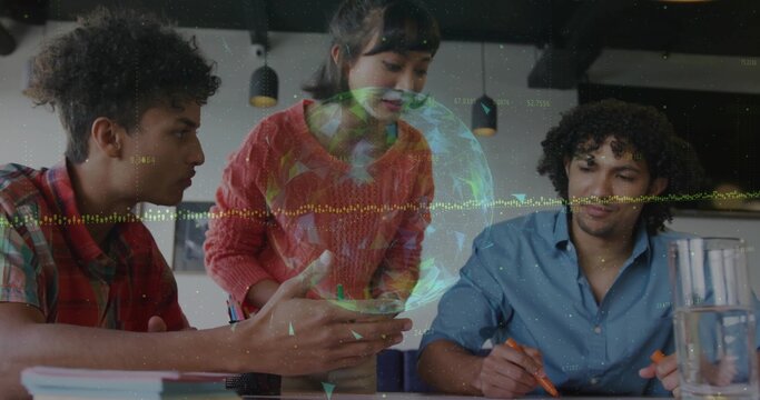 Collaborating project team showing smartphone screen in office meeting room, with data overlay