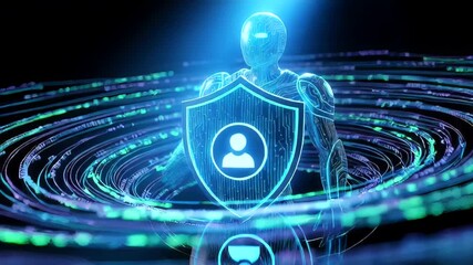 Futuristic robot securing data in a digital environment with glowing effects - Powered by Adobe