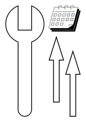 Wrench, calendar, and two upward arrows suggest improvement, growth, and scheduling. Ideal for repair, productivity, planning maintenance time management efficiency and progress. Simple flat
