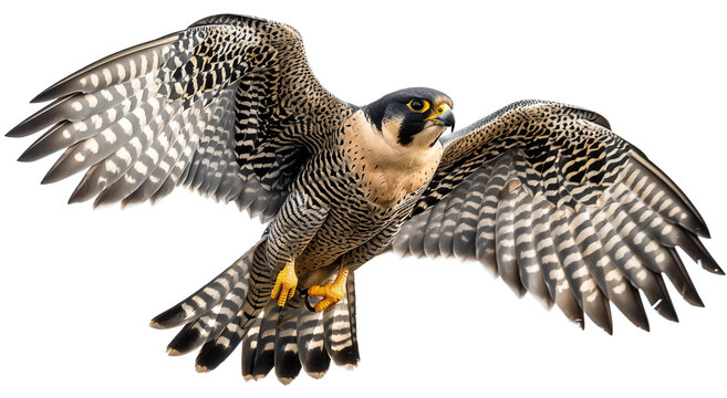 Peregrine falcon in flight, isolated on white background