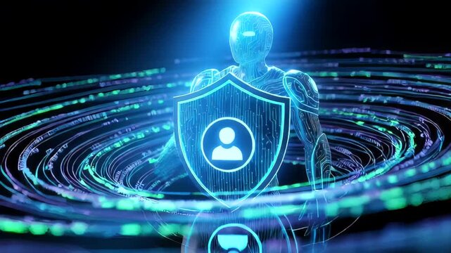Futuristic robot securing data in a digital environment with glowing effects