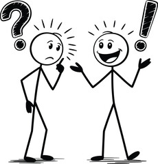 Two stick figures one confused one excited with question and exclamation marks