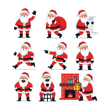 Set of nine Santa Claus characters in various poses for Christmas.