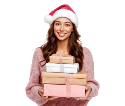 Happy woman in Santa hat holding a stack of Christmas gifts isolated on a transparent background