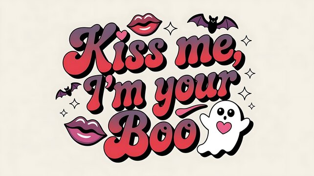 A flirty and romantic Halloween T-shirt design featuring the phrase “Kiss Me, I’m Your Boo”, created with generative ai