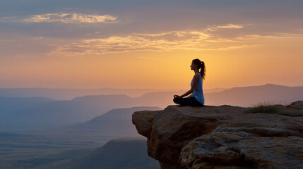 崖の上で瞑想する女性と朝焼けの風景