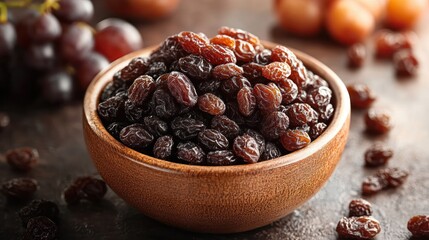 Fototapeta premium Dried raisins in wooden bowl, grapes in background, healthy snack, food photography