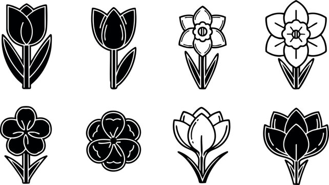 Black and white vector icons of tulip daffodil clover and crocus flowers simple floral symbols for design and decoration
