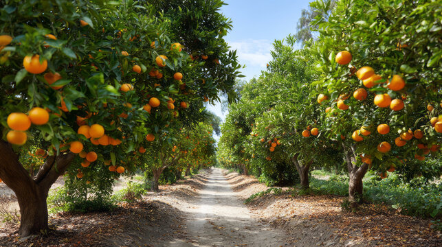 Beautiful sunlit path through peaceful orange grove with abundant fruit. rural farm agriculture scene with trees full of ripe citrus