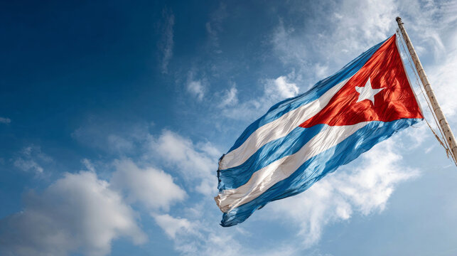 Cuba flag waves proudly against blue sky with white cloud. national symbol of freedom, pride, and patriotic spirit in wind