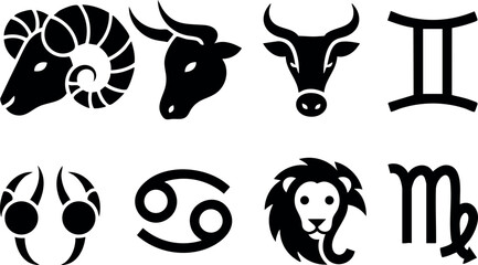 Zodiac astrology symbols representing twelve star signs in black vector design for horoscope and celestial themes