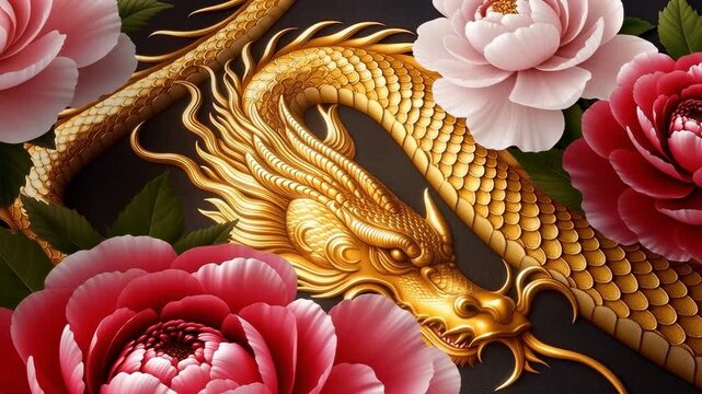 Golden chinese dragon with peony flowers animation
