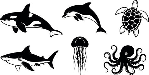 Marine animals vector collection with dolphin, orca, shark, turtle, jellyfish, and octopus silhouettes for design and education purposes