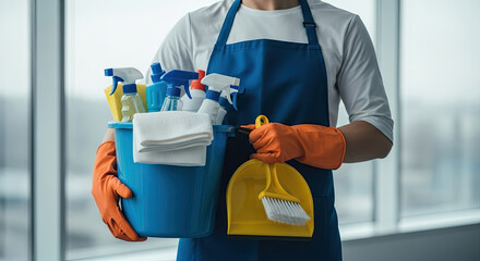 Professional Cleaner Holding Cleaning Supplies: Bucket, Sprays, Gloves, and Dustpan. Ideal for Housekeeping, Janitorial Services, and Home Care Ads