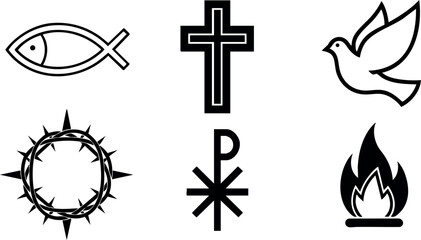 Christian symbols vector set with cross, fish, dove, crown of thorns, chi rho, and fire icons for religious themes