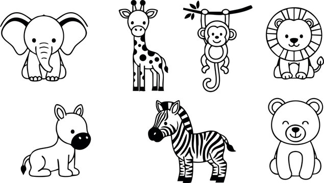 Cute baby animals vector set with elephant giraffe monkey lion zebra puppy bear cartoon style for children design