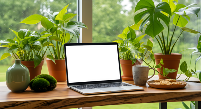 Laptop on a natural wooden desk in front of a window, surrounded by green plants. A steaming coffee mug, moss ball, and cookies emphasize a comfortable, natural work-from-home setting.