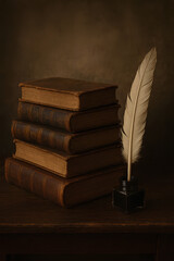 Capture the Elegance of Classic Literature with Quill and Stacked Antique Books, Evoking Nostalgia and Timeless Wisdom for Academic Projects and Historical Representations