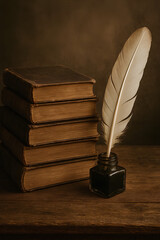 Capture the allure of classic literature with this antique quill, inkwell, and stack of aged books, perfect for adding a touch of vintage charm to your creative projects