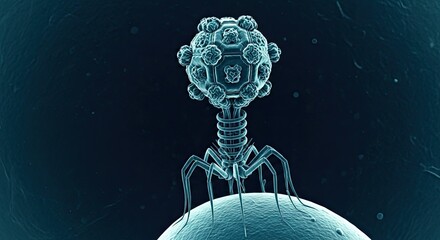 Bacteriophage virus attacking a spherical cell in blue tones