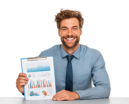 Confident Businessman Holding Financial Report Showing Success isolated on a transparent background