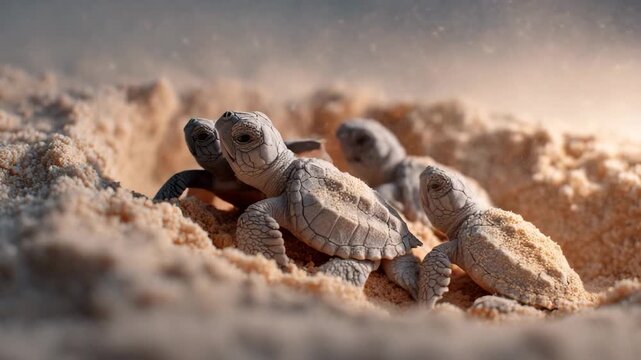 Baby turtles hatching in the sand on beach