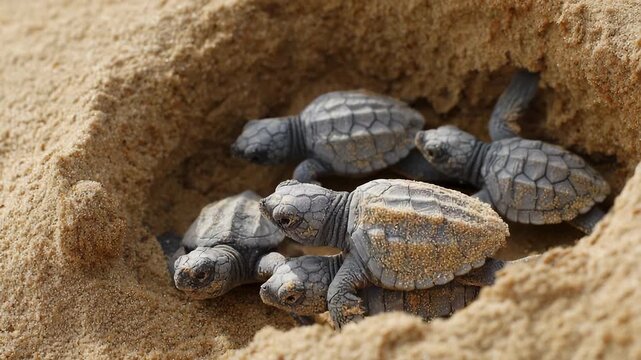 Baby turtles hatching in the sand on beach
