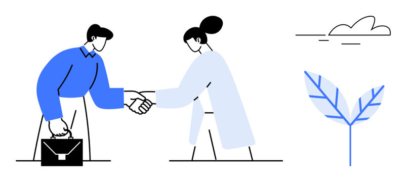 Two professionals shaking hands, symbolizing partnership, career growth, and networking. Briefcase, cloud, and leaf represent business, progress and sustainability. Ideal for team building