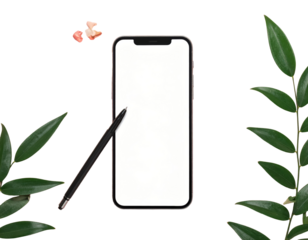 Elegant Tech Composition: A sleek smartphone and stylus are artfully arranged amidst vibrant green foliage and delicate petals, creating a modern, nature-inspired scene.