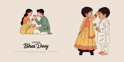 Happy Bhai Dooj banner showing siblings of different ages. Scenes include a sister applying tika to her brother and sharing sweets, celebrating love and protection.