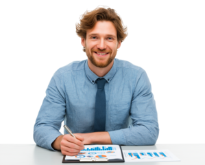 Confident Young Businessman Analyzing Financial Data isolated on a transparent background