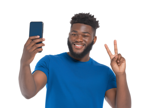 Happy Black Man Takes Selfie and Gives Peace Sign with Smartphone isolated on a transparent background