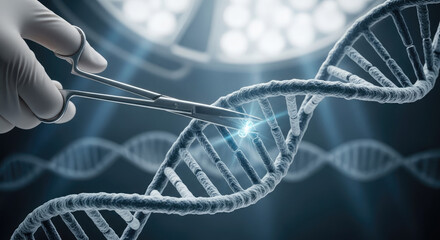 Gene Editing Technology: Surgical Scissors Cutting DNA Strand for Genetic Engineering, Biotechnology Research and Medical Innovation Concept