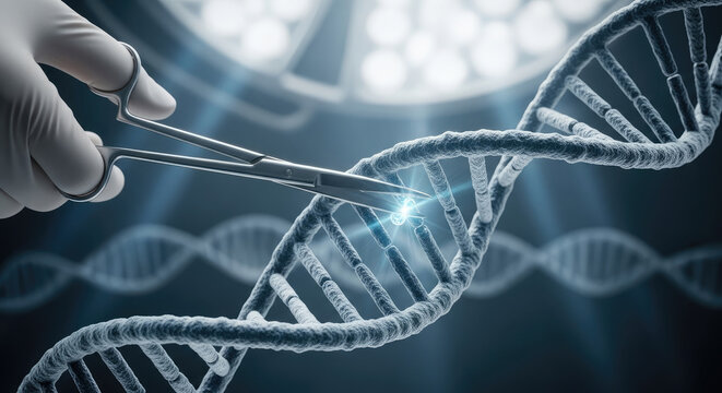 Gene Editing Technology: Surgical Scissors Cutting DNA Strand for Genetic Engineering, Biotechnology Research and Medical Innovation Concept