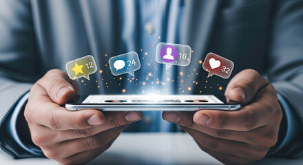 Engaging Social Media Marketing: Close-up of Hands Holding Smartphone with Floating Social Media Icons for Likes, Comments, Shares and Followers