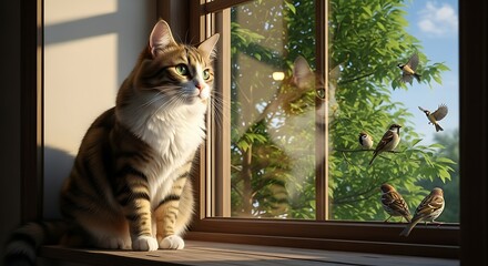 Cat sitting on a windowsill looking out at birds in a tree.