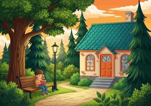 Illustration of a young boy sits on a park bench reading a book under a large tree, with a small house and pine trees in the background during a sunset