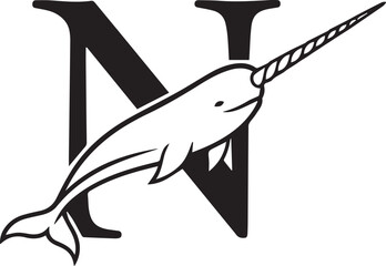 Minimalist N narwhal silhouette logo – black-and-white design of narwhal with spiral tusk integrated into letter “N” for branding, initials, and ocean-themed identity. © Haider