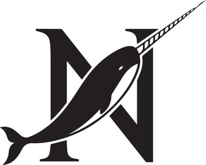 Minimalist N narwhal silhouette logo – black-and-white design of narwhal with spiral tusk swimming through letter “N” for branding, initials, and ocean-themed identity. © Haider