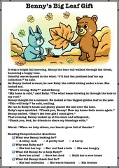 Cute Thanksgiving storybook illustration of a bear and hare holding a big leaf in an autumn forest, children’s reading worksheet page, educational printable A4