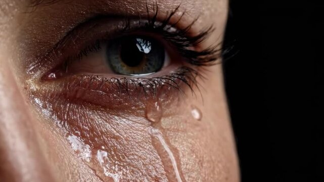 A poignant and highly detailed extreme close-up captures a human eye with tears visibly streaming down the face, set against a deep, dark background. The intricate texture of the wet skin around the e